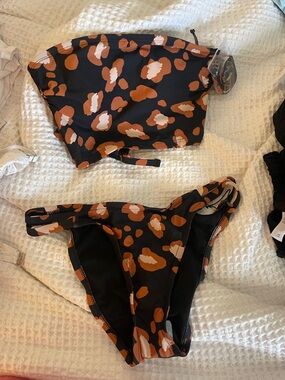 Shade & Shore Black Bikini with Rust & Cream Floral Accents